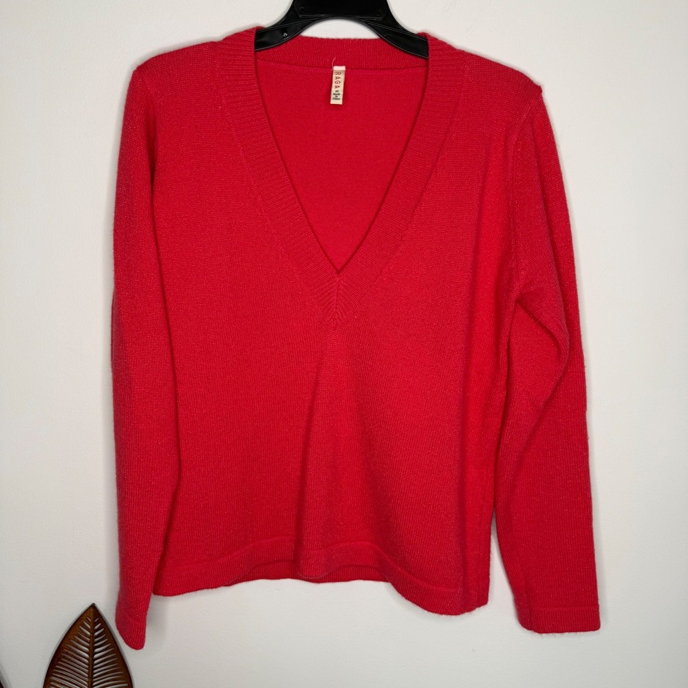 M2 Raga Womens Red Metallic Shimmer V-Neck Long Sleeve Knit Pullover Sweater M